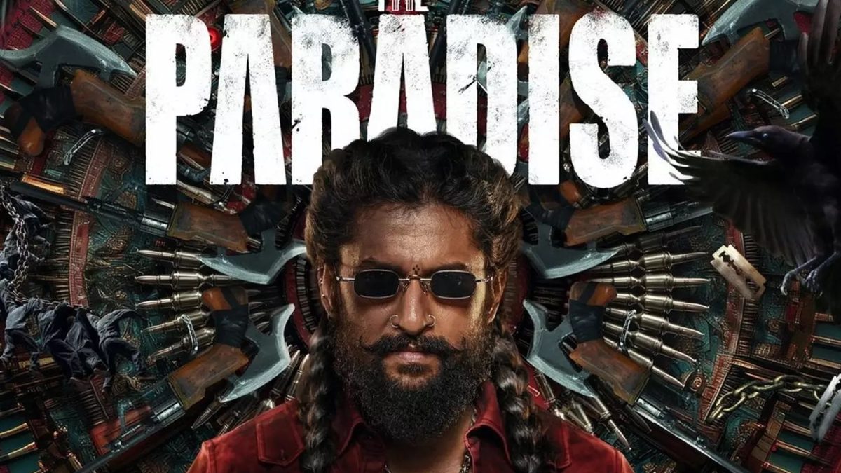 The Paradise film poster with the lead character in sunglasses and braids against a backdrop of weapons