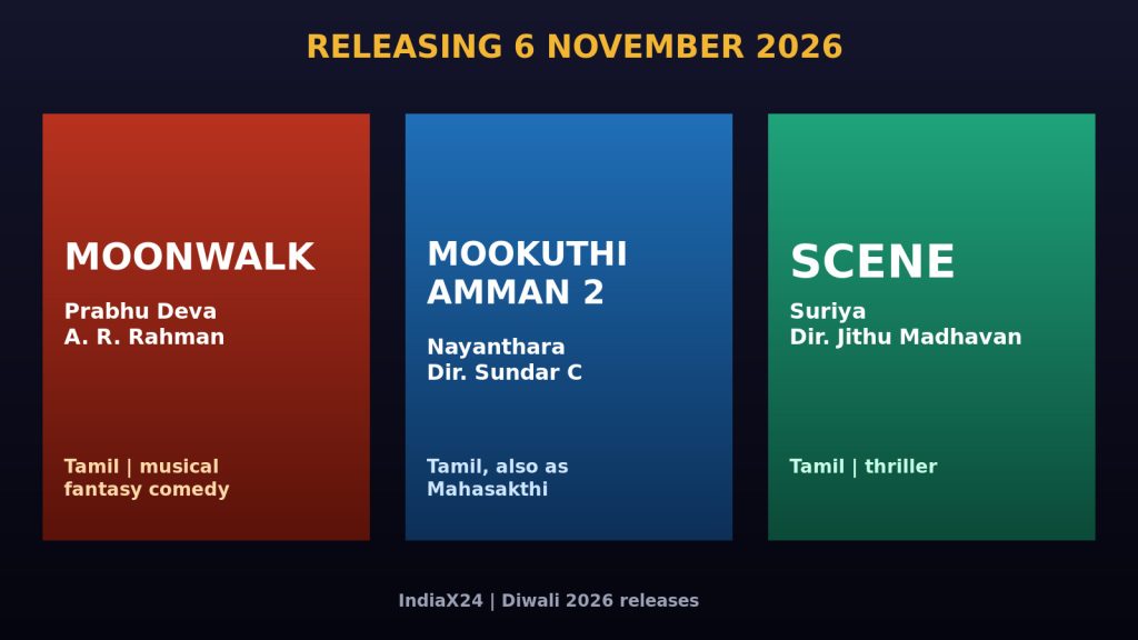 Graphic with three panels for Moonwalk, Mookuthi Amman 2 and Scene, all releasing on 6 November 2026