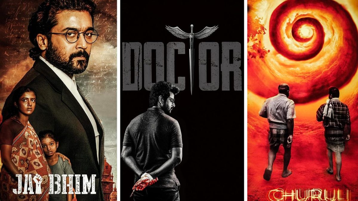 Collage of three Tamil film posters: Jai Bhim, Doctor and Churuli