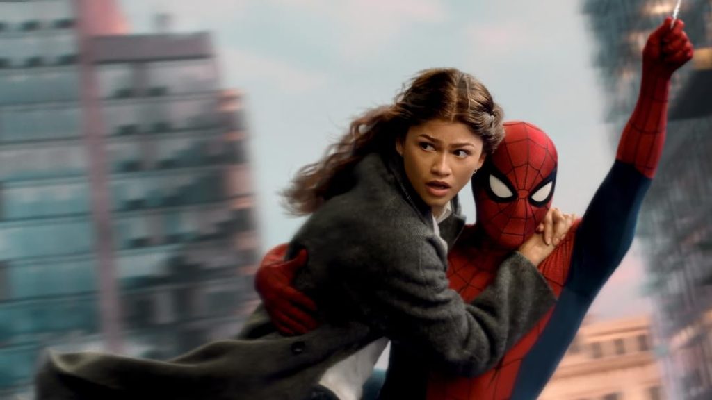 Spider-Man swinging through a city while holding a woman