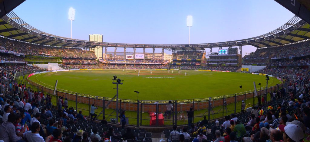 A wide view of the Wankhede Stadium in Mumbai under lights