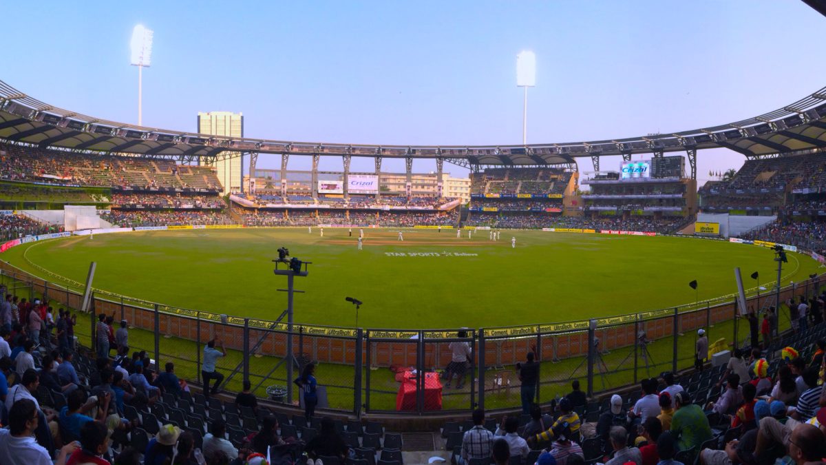 A wide view of the Wankhede Stadium in Mumbai under lights