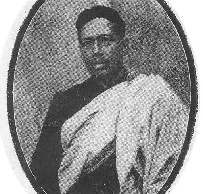 An old oval portrait of Bipin Chandra Pal with a shawl over his shoulder