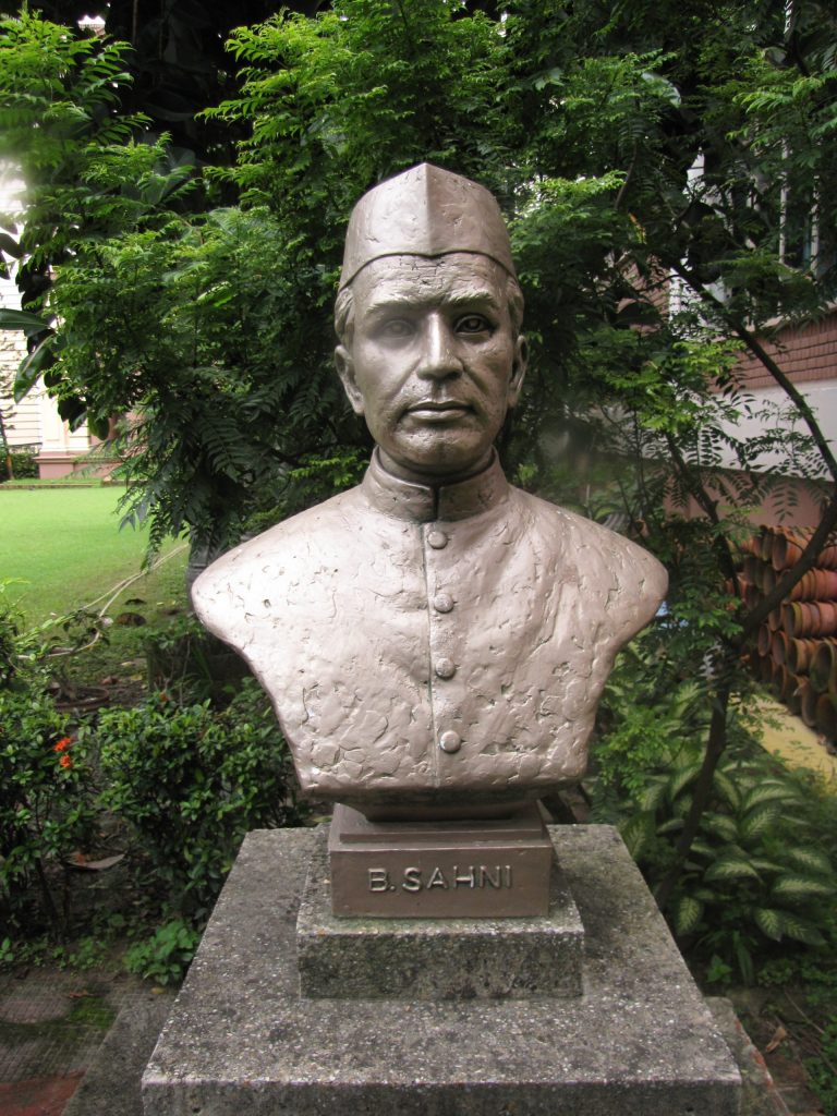 A stone bust of Birbal Sahni wearing a cap, set on a pedestal in a garden