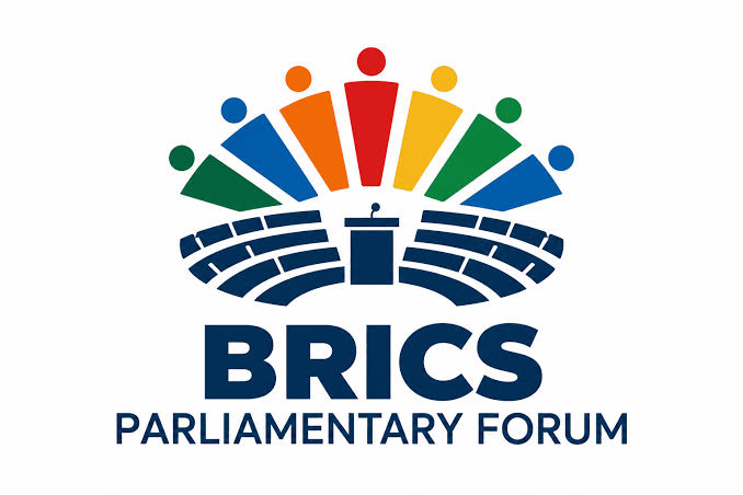 Logo of the BRICS Parliamentary Forum showing a podium beneath colourful figures