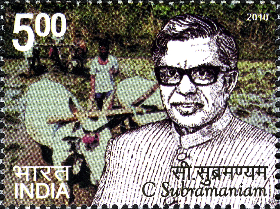 An Indian postage stamp showing C. Subramaniam