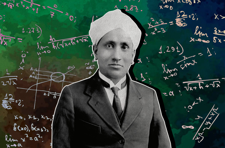C. V. Raman in a turban and suit against a background of handwritten equations
