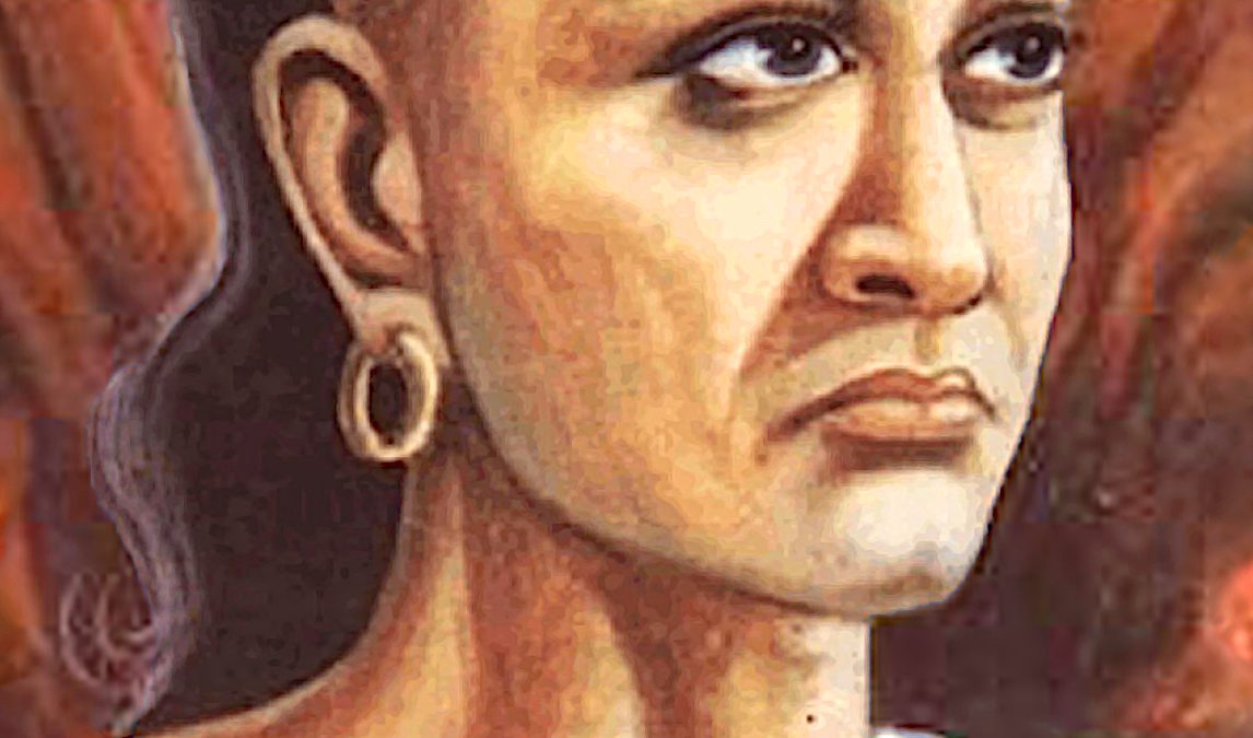 An artist's impression of Chanakya as a shaven-headed Brahmin with earrings