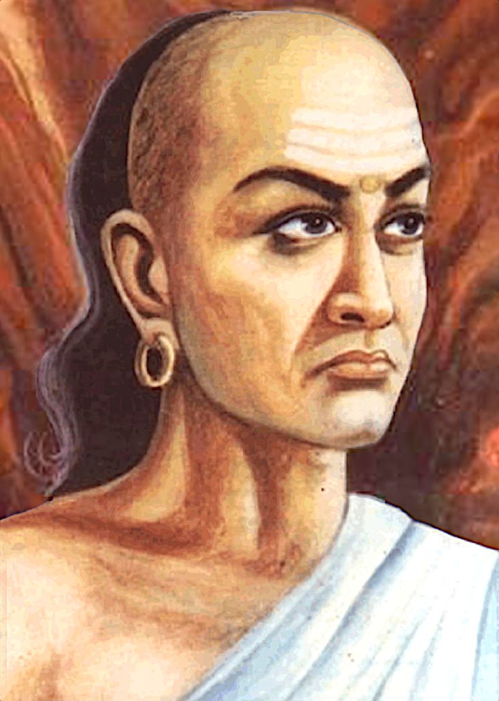 An artist's impression of Chanakya as a shaven-headed Brahmin with earrings