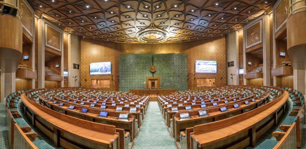 The Lok Sabha chamber in the new Parliament building in New Delhi