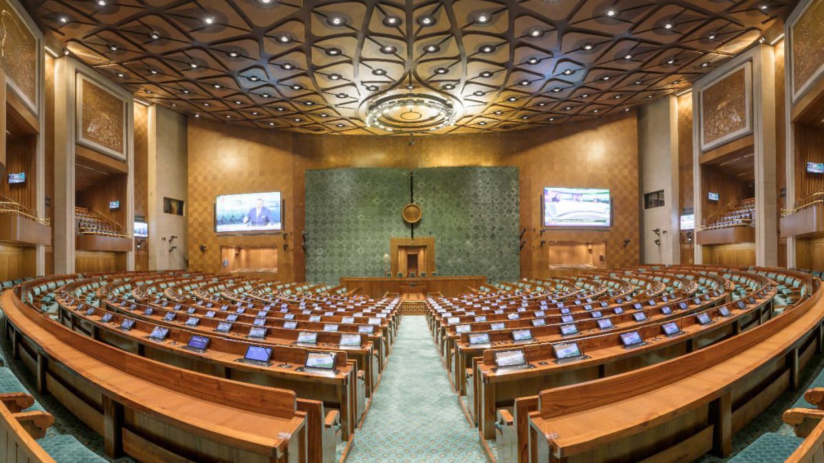 The Lok Sabha chamber in the new Parliament building in New Delhi