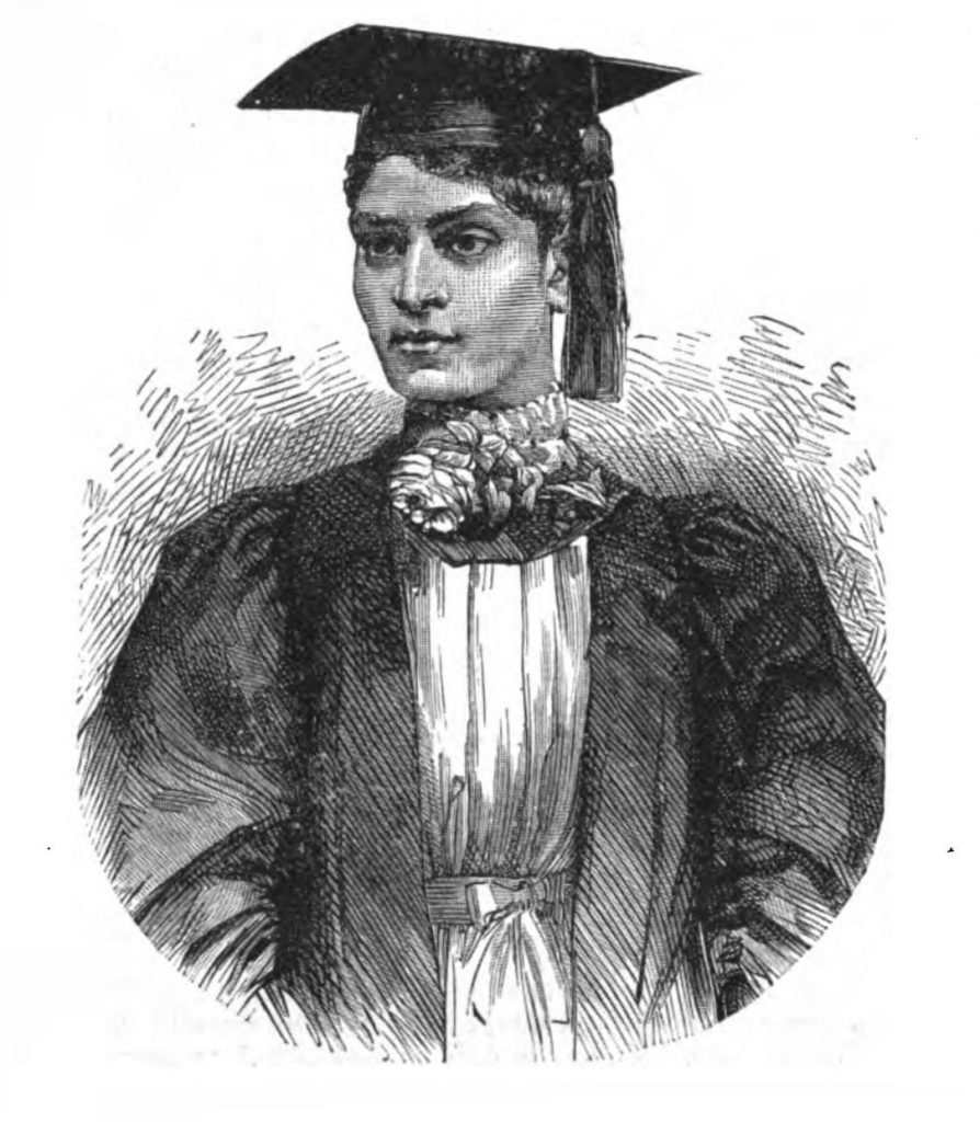 Engraving of Cornelia Sorabji in academic cap and gown