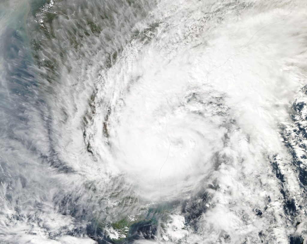 Satellite image of a tropical cyclone over the Bay of Bengal near the Andhra Pradesh coast
