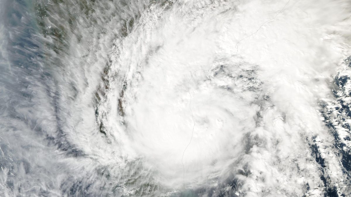 Satellite image of a tropical cyclone over the Bay of Bengal near the Andhra Pradesh coast