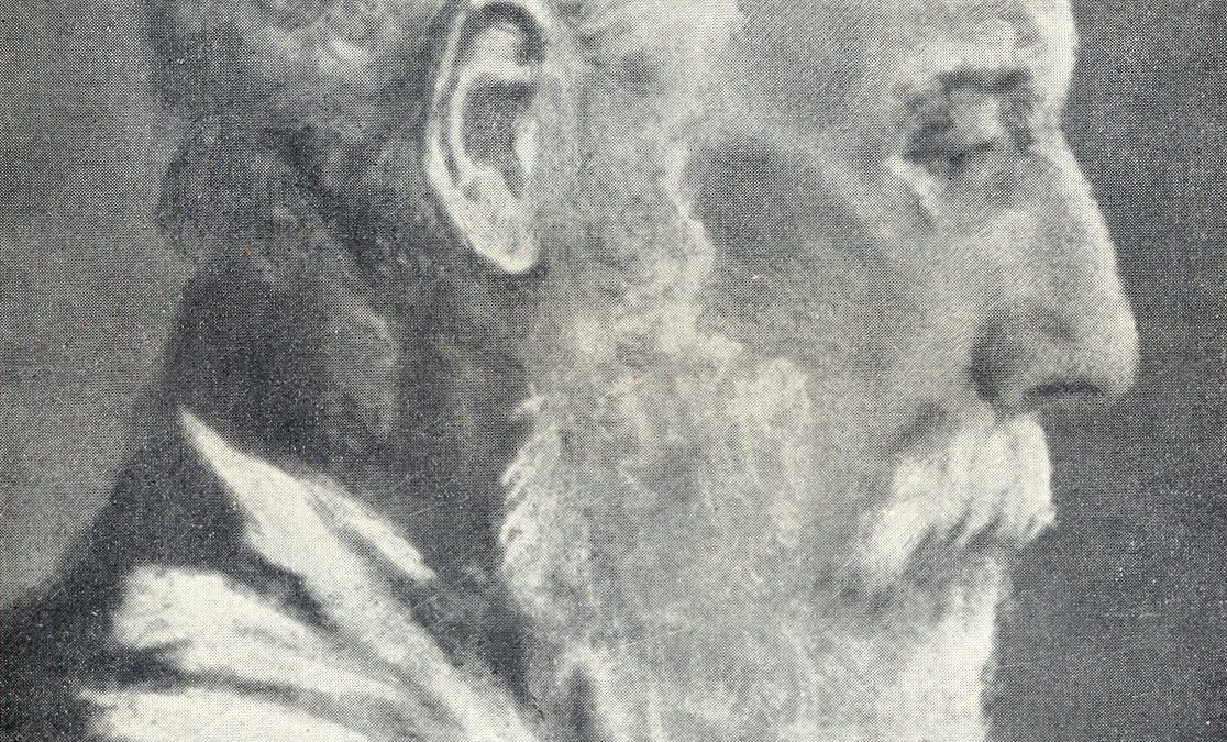 Profile portrait of the elderly Debendranath Tagore with white hair and a long beard