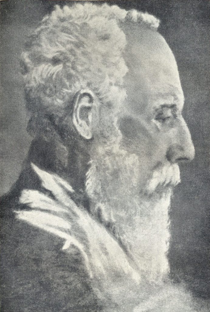 Profile portrait of the elderly Debendranath Tagore with white hair and a long beard
