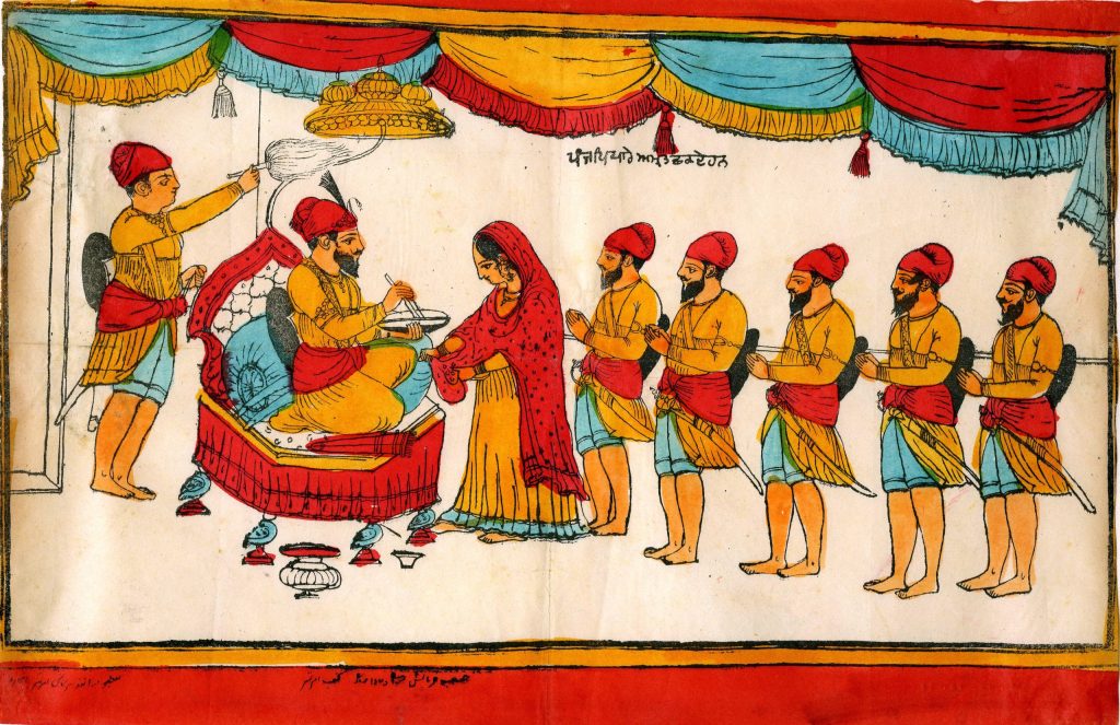 Painting of Guru Gobind Singh with the first five Khalsa Sikhs