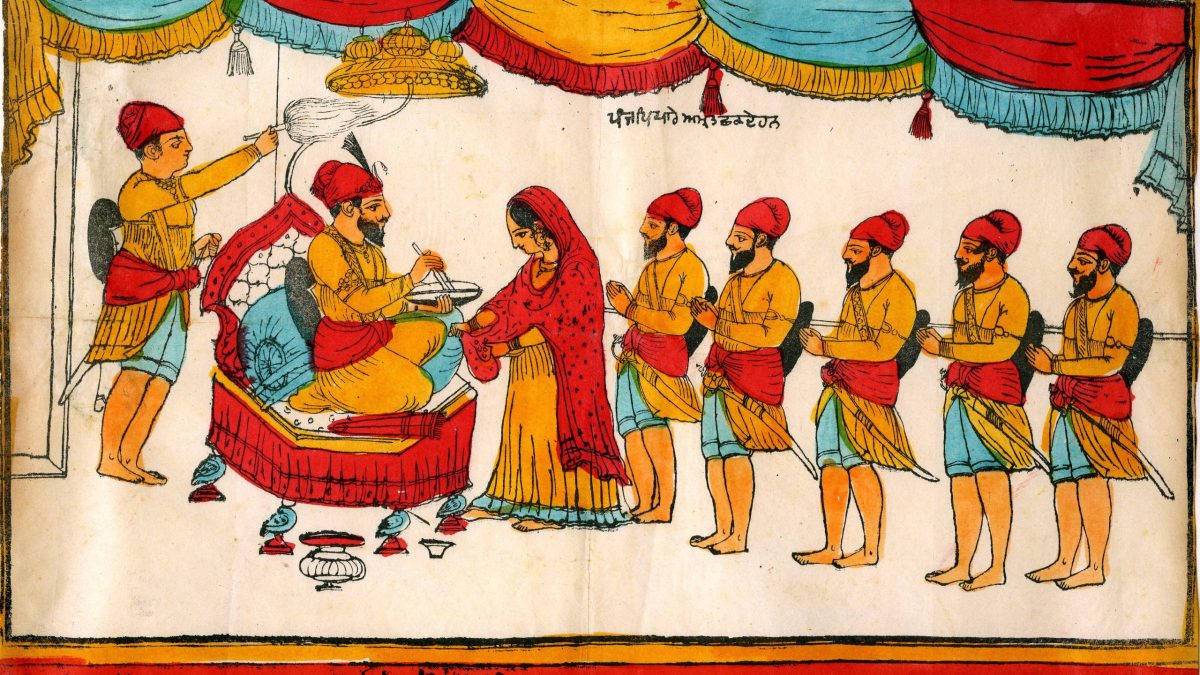 Painting of Guru Gobind Singh with the first five Khalsa Sikhs