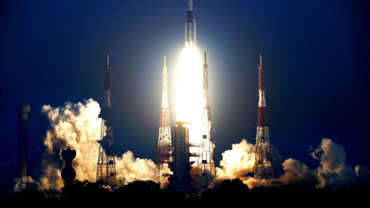 The launch of a GSLV Mk III rocket from the Satish Dhawan Space Centre in Sriharikota