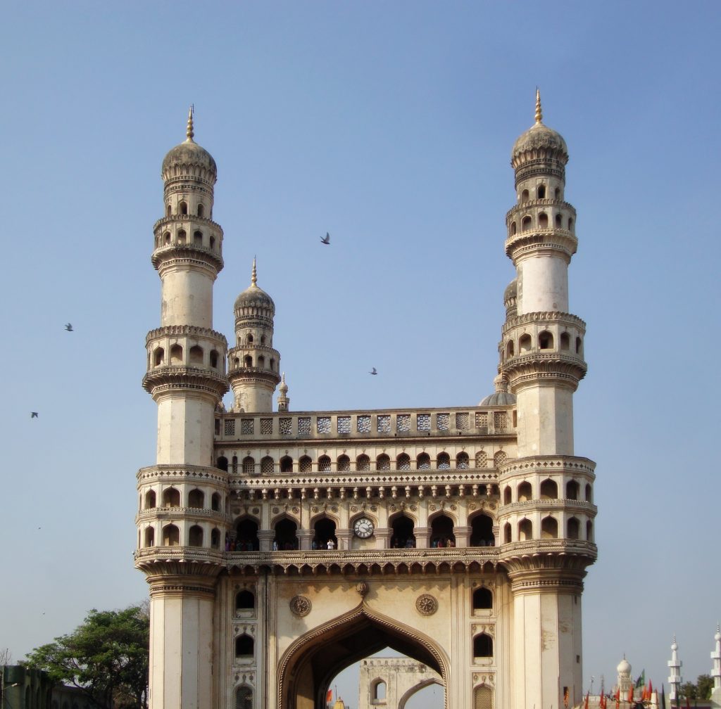The Charminar monument with its four minarets in the old city of Hyderabad