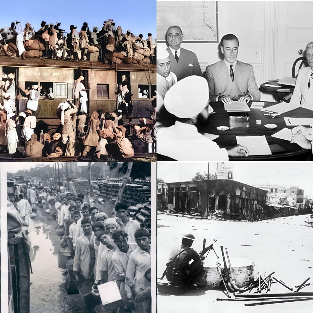 A collage of four black-and-white photographs from 1947 showing crowded refugee trains and the leaders who negotiated Partition