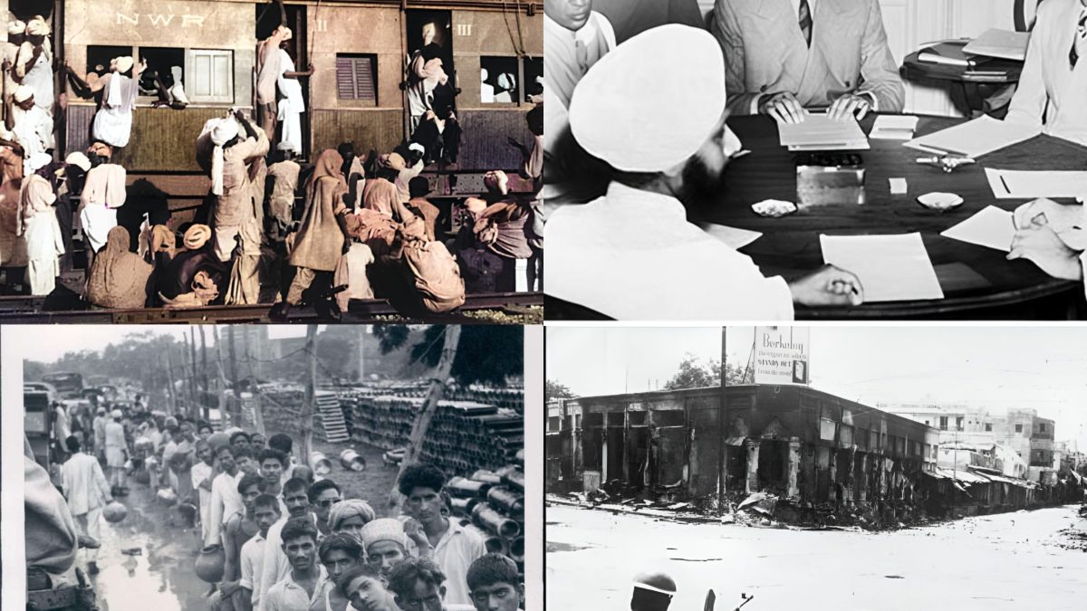 A collage of four black-and-white photographs from 1947 showing crowded refugee trains and the leaders who negotiated Partition