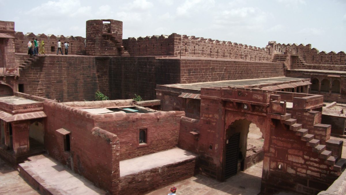The red sandstone walls and courtyards of the fort at Pokhran in Rajasthan