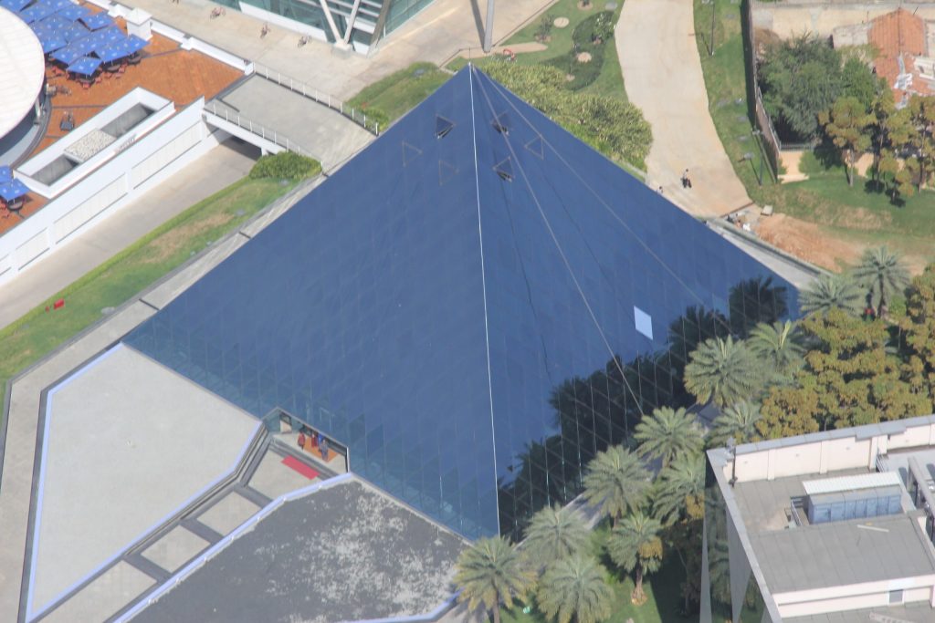 Aerial view of the glass pyramid at the Infosys campus in Bengaluru