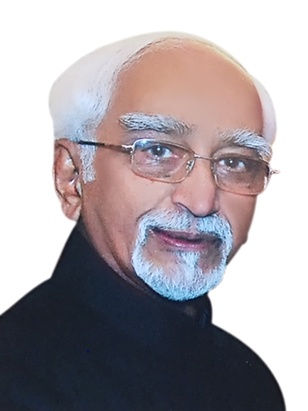 Official portrait of Hamid Ansari with white hair and beard, in a dark jacket