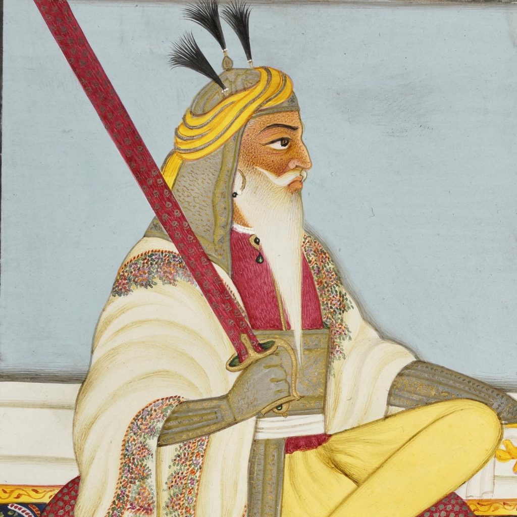 Painting of Hari Singh Nalwa with a white beard and yellow turban, seated holding a sword