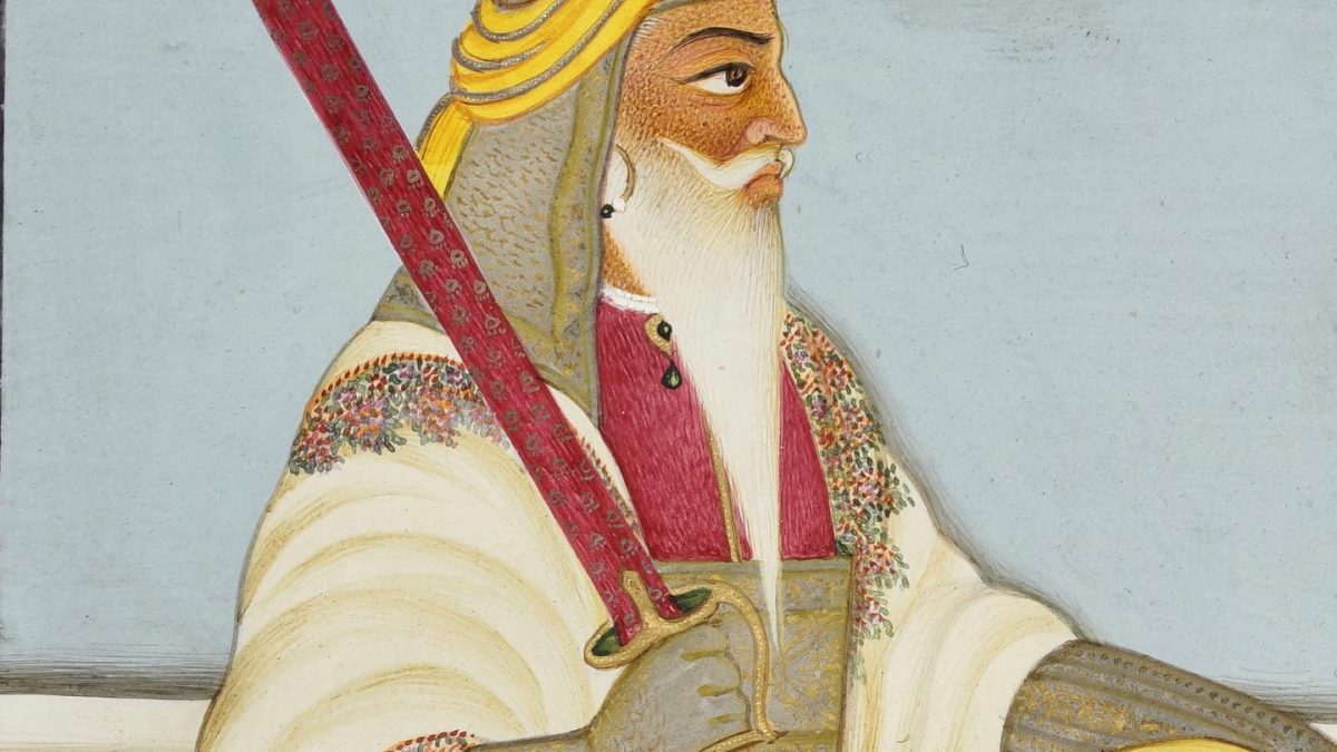 Painting of Hari Singh Nalwa with a white beard and yellow turban, seated holding a sword