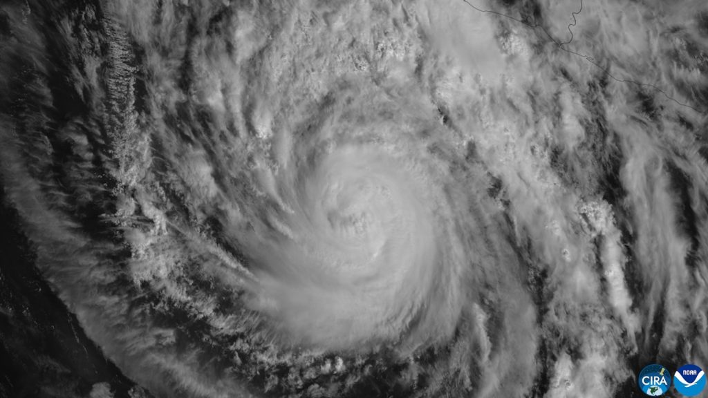 A satellite image of Hurricane Trudy at sunrise on 16 October 2026