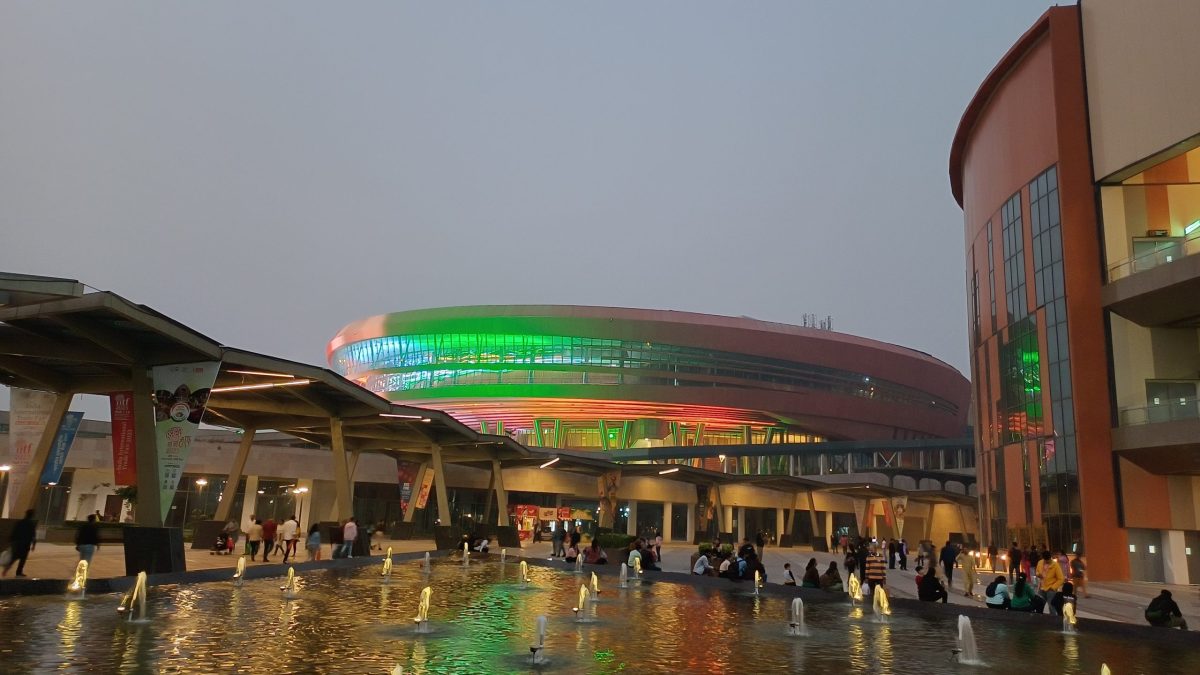 Bharat Mandapam illuminated at night