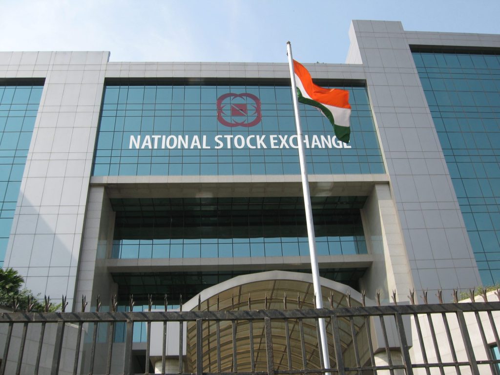 The National Stock Exchange building in Mumbai with the Indian flag