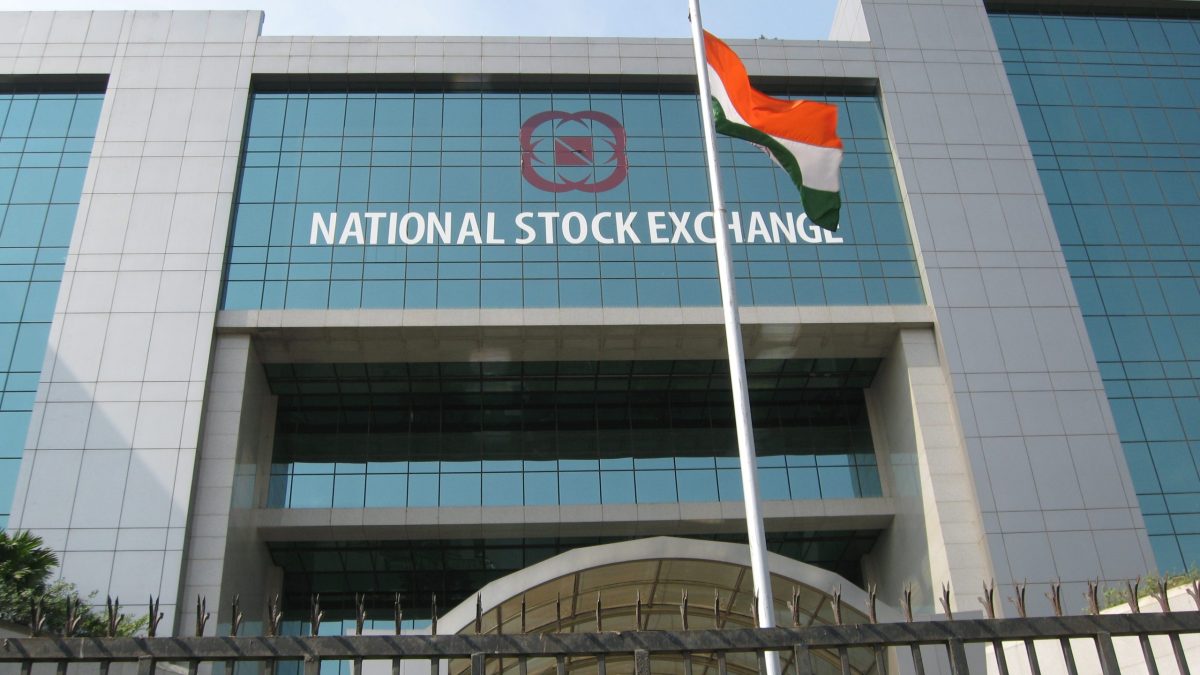 The National Stock Exchange building in Mumbai with the Indian flag