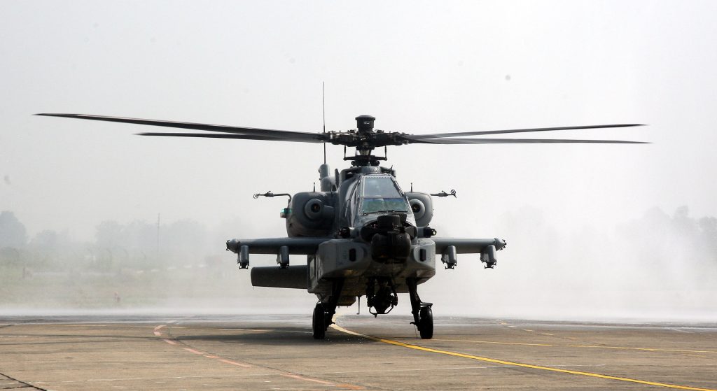 An AH-64E Apache attack helicopter at an Indian Air Force base