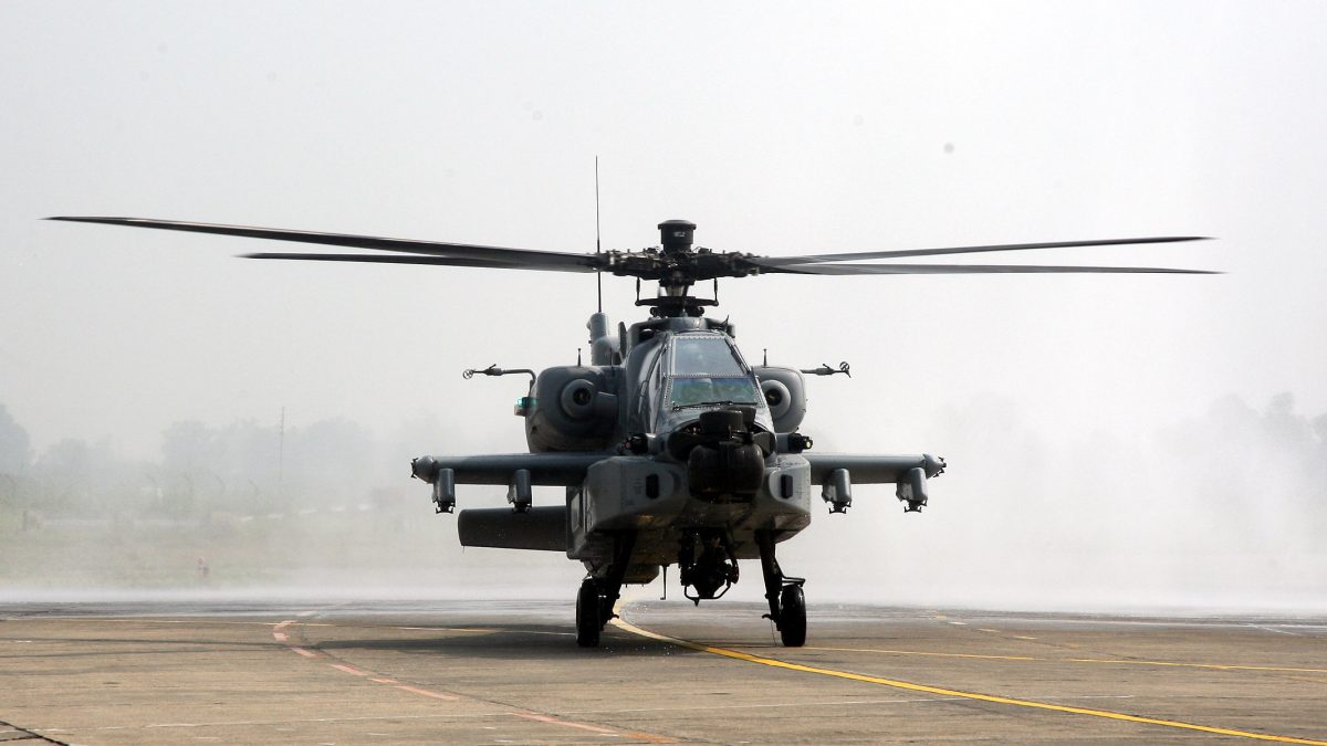 An AH-64E Apache attack helicopter at an Indian Air Force base