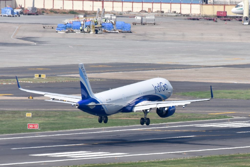 An IndiGo Airbus A321 on the runway at Chennai airport