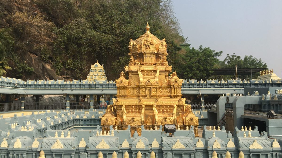 A golden gopuram model at the Kanaka Durga temple complex on Indrakeeladri in Vijayawada