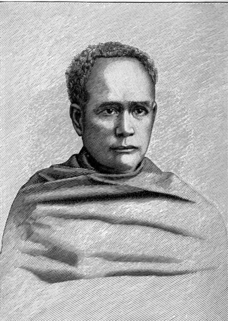 Engraved portrait of Ishwar Chandra Vidyasagar wrapped in a shawl