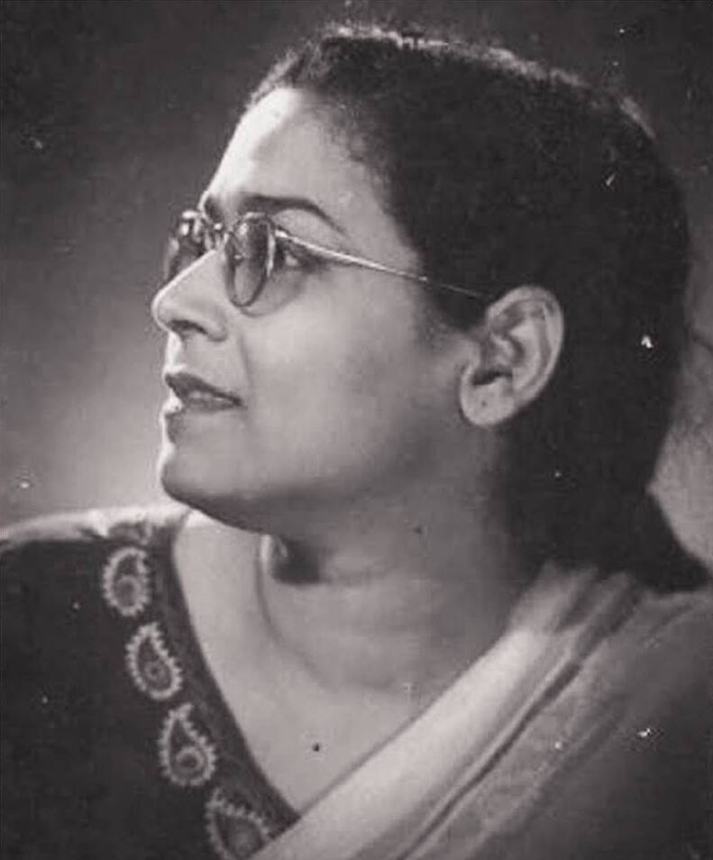 A black-and-white profile portrait of a young Ismat Chughtai in glasses