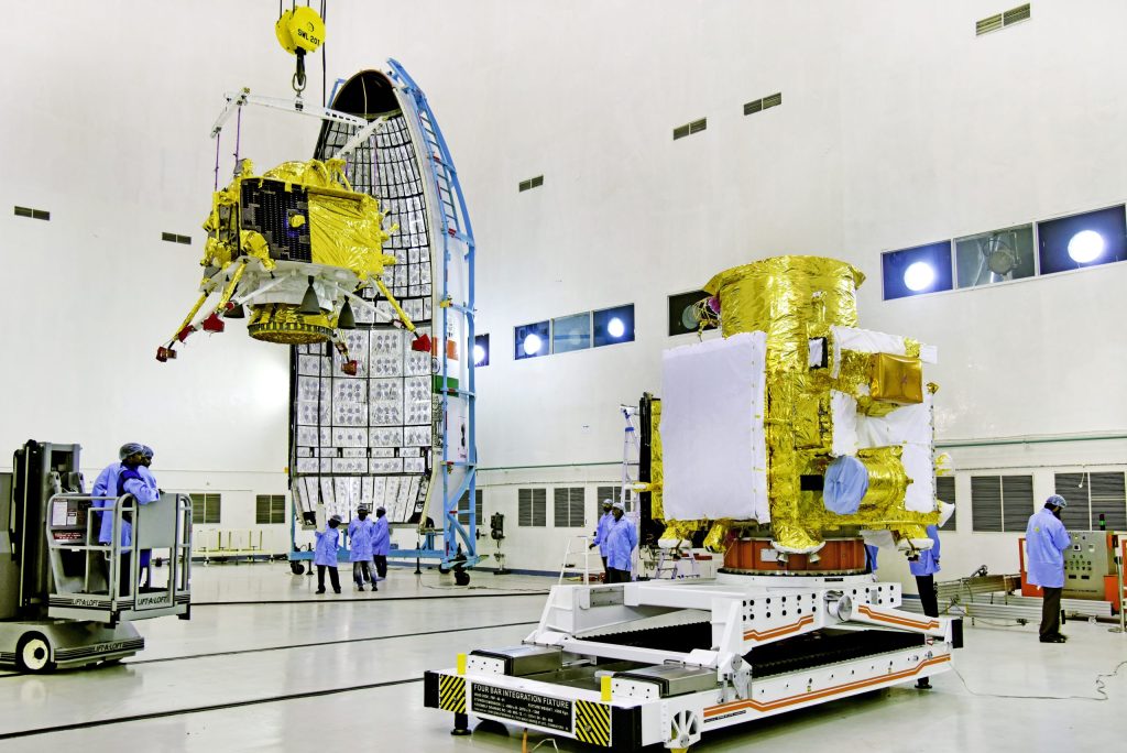 The Vikram lander of Chandrayaan-2 being hoisted during preparation