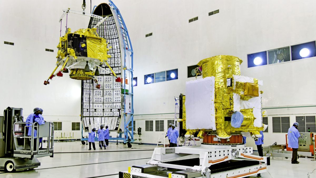 The Vikram lander of Chandrayaan-2 being hoisted during preparation