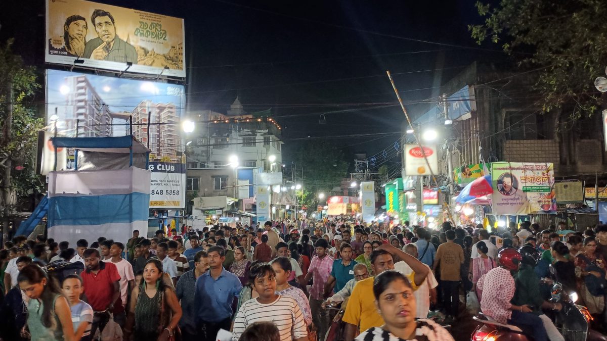 Crowd at a Durga Puja pandal in Kolkata