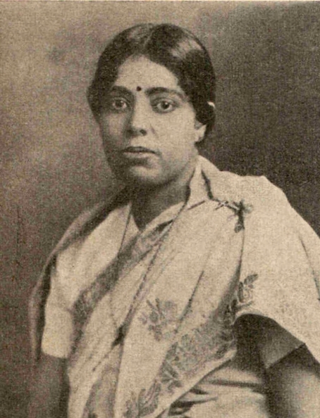 A sepia portrait of Janaki Ammal in a sari