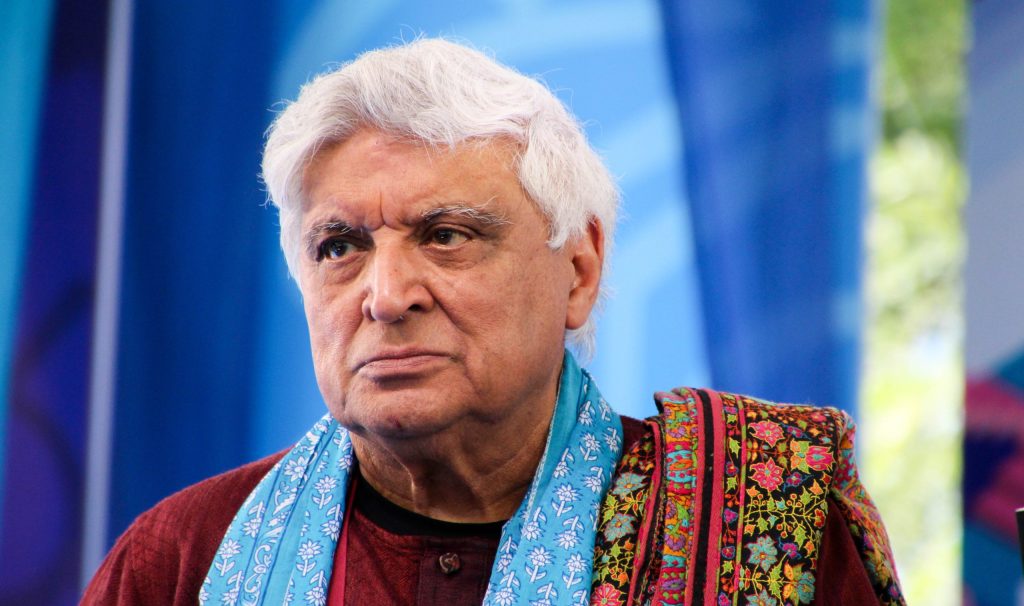 Javed Akhtar with white hair, wearing an embroidered shawl, at the Jaipur Literature Festival