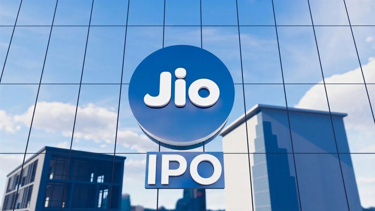 Jio IPO logo on a glass building facade