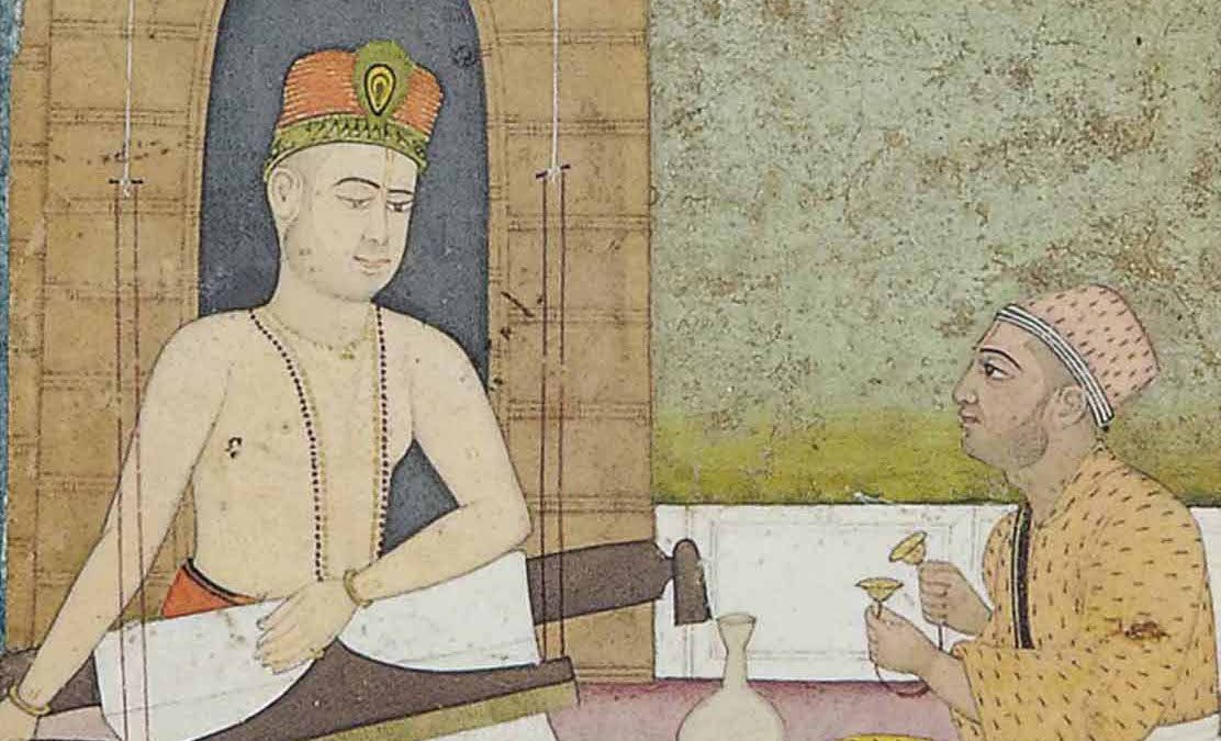 Eighteenth-century miniature of Kabir seated at his loom outside a hut, with a disciple