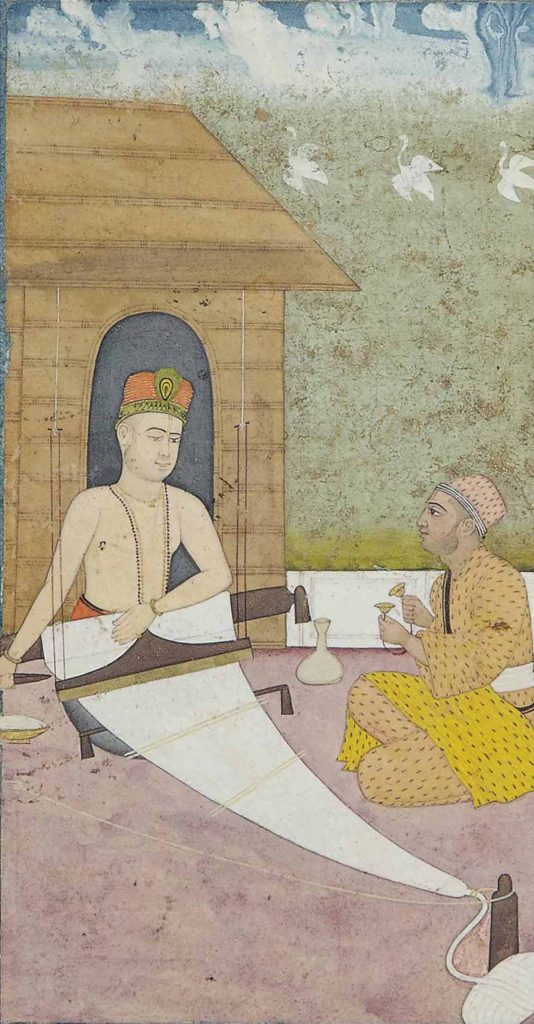 Eighteenth-century miniature of Kabir seated at his loom outside a hut, with a disciple