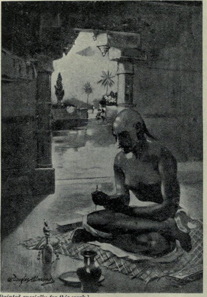 An illustration of Kalidasa seated on a terrace writing, with clouds over the hills beyond